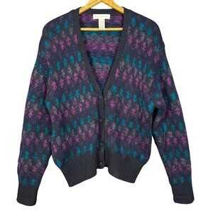 Vintage 90s Mohair Cardigan, Purple Teal Argyle Print